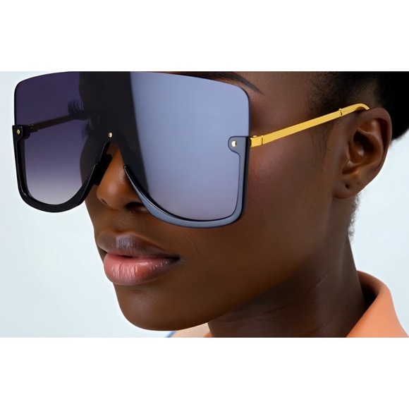 Accessories - Sunglasses Women Gold Tone Metal Frame UV400 Dark Lenses One piece Driving Gafas